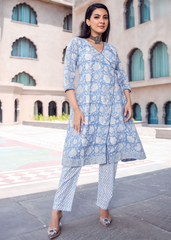 Sky Blue Wrap Kurti Set in Pure Maslin with Crepe Inner