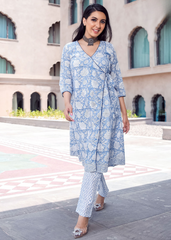 Sky Blue Wrap Kurti Set in Pure Maslin with Crepe Inner