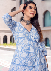 Sky Blue Wrap Kurti Set in Pure Maslin with Crepe Inner