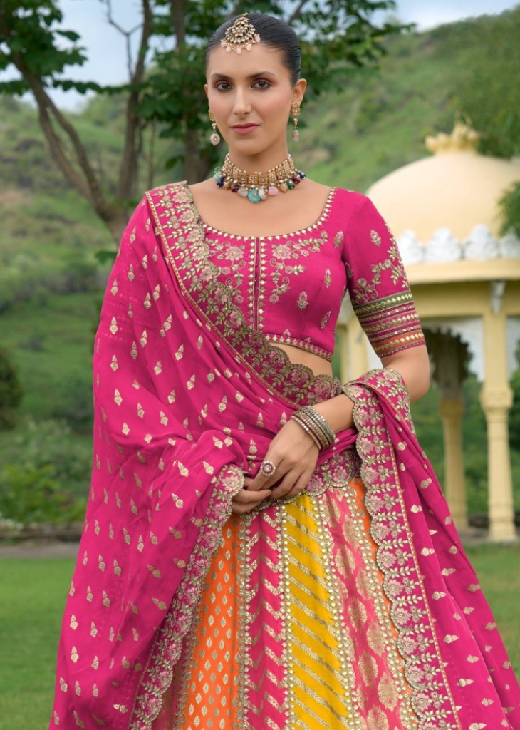 Multicolor Silk Embroidered Lehenga with Pink Dupatta