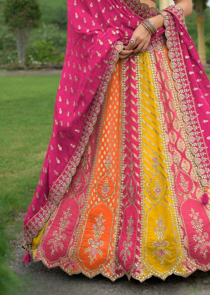 Multicolor Silk Embroidered Lehenga with Pink Dupatta