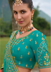 Teal Green Embroidered Silk Lehenga with Bandhej Dupatta