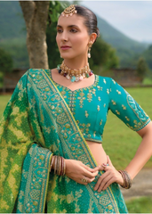 Teal Green Embroidered Silk Lehenga with Bandhej Dupatta