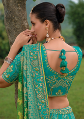 Teal Green Embroidered Silk Lehenga with Bandhej Dupatta