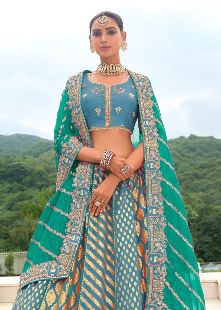 Grey Banarasi Silk Lehenga with Embroidered Green Dupatta