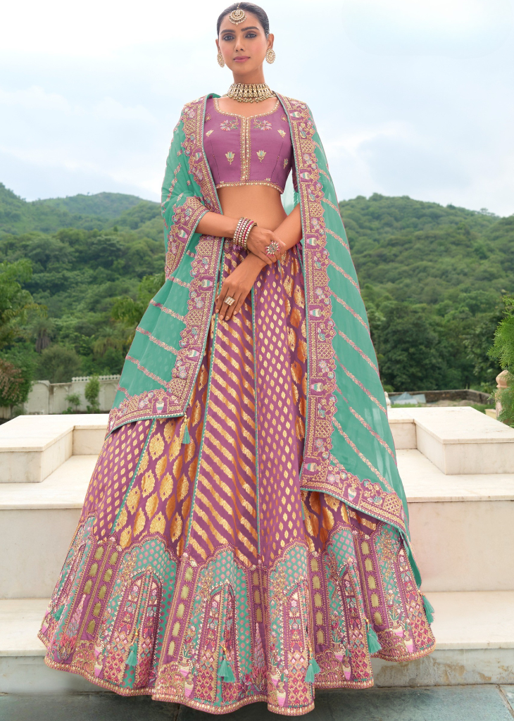 Onion Pink Lehenga in Banarasi Silk with Embroidered Dupatta