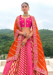 Rani Pink Banarasi Silk Lehenga with Contrast Orange Dupatta