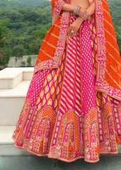 Rani Pink Banarasi Silk Lehenga with Contrast Orange Dupatta