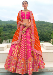 Rani Pink Banarasi Silk Lehenga with Contrast Orange Dupatta