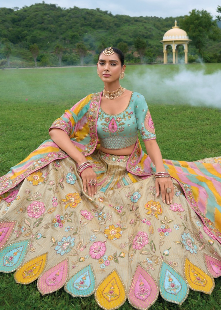 Pastel Embroidered Lehenga with Multicolor Dupatta