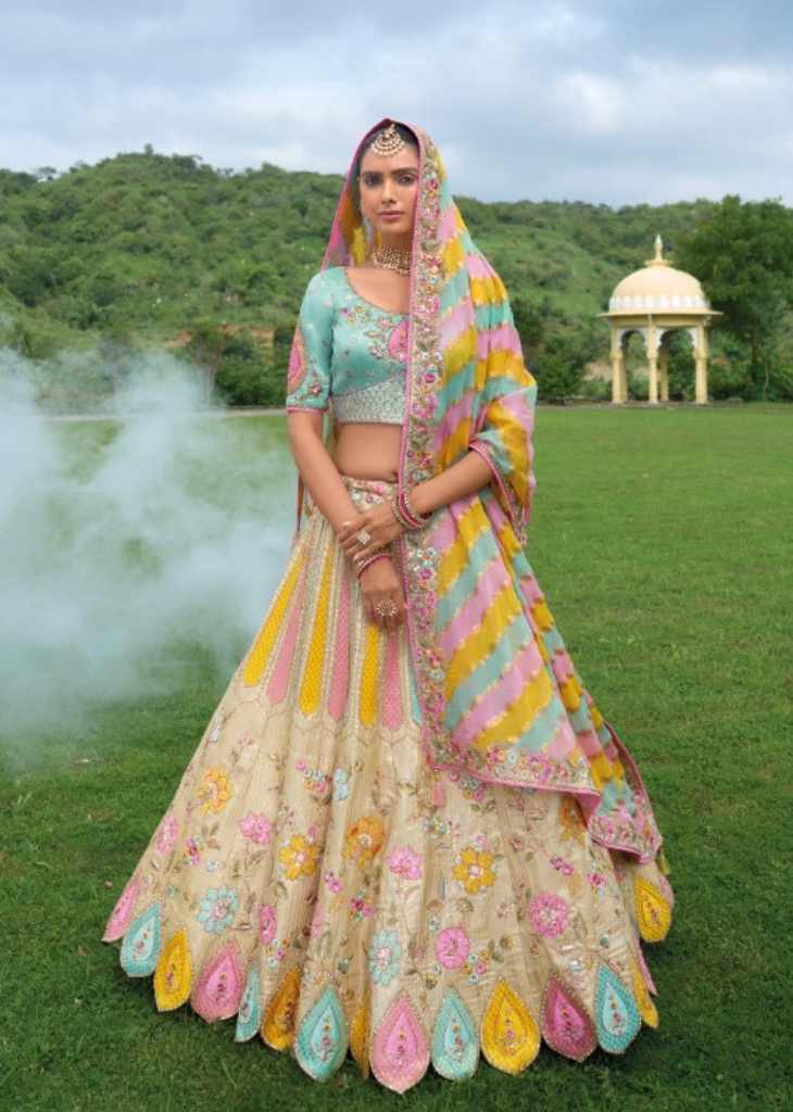 Pastel Embroidered Lehenga with Multicolor Dupatta