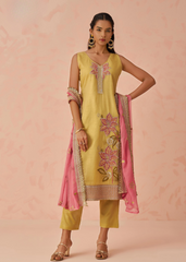 Yellow Floral Kurta Set with Pink Chiffon Dupatta