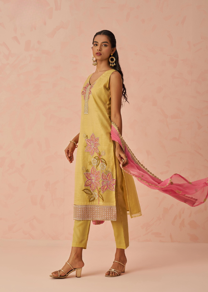 Yellow Floral Kurta Set with Pink Chiffon Dupatta