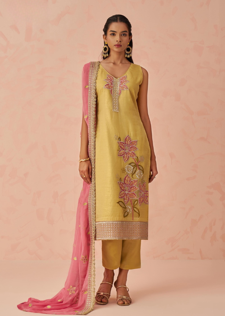 Yellow Floral Kurta Set with Pink Chiffon Dupatta