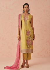 Yellow Floral Kurta Set with Pink Chiffon Dupatta