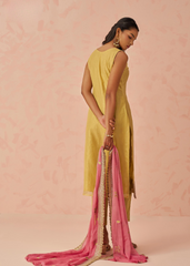 Yellow Floral Kurta Set with Pink Chiffon Dupatta