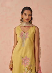 Yellow Floral Kurta Set with Pink Chiffon Dupatta