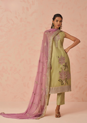Green Embroidered Kurta Set with Lilac Chiffon Dupatta