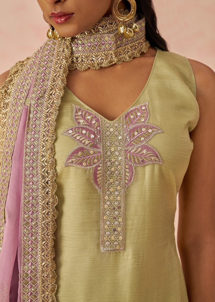 Green Embroidered Kurta Set with Lilac Chiffon Dupatta