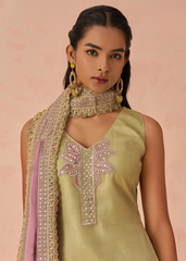 Green Embroidered Kurta Set with Lilac Chiffon Dupatta