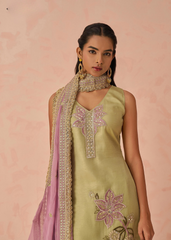 Green Embroidered Kurta Set with Lilac Chiffon Dupatta