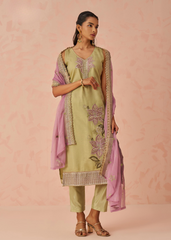Green Embroidered Kurta Set with Lilac Chiffon Dupatta