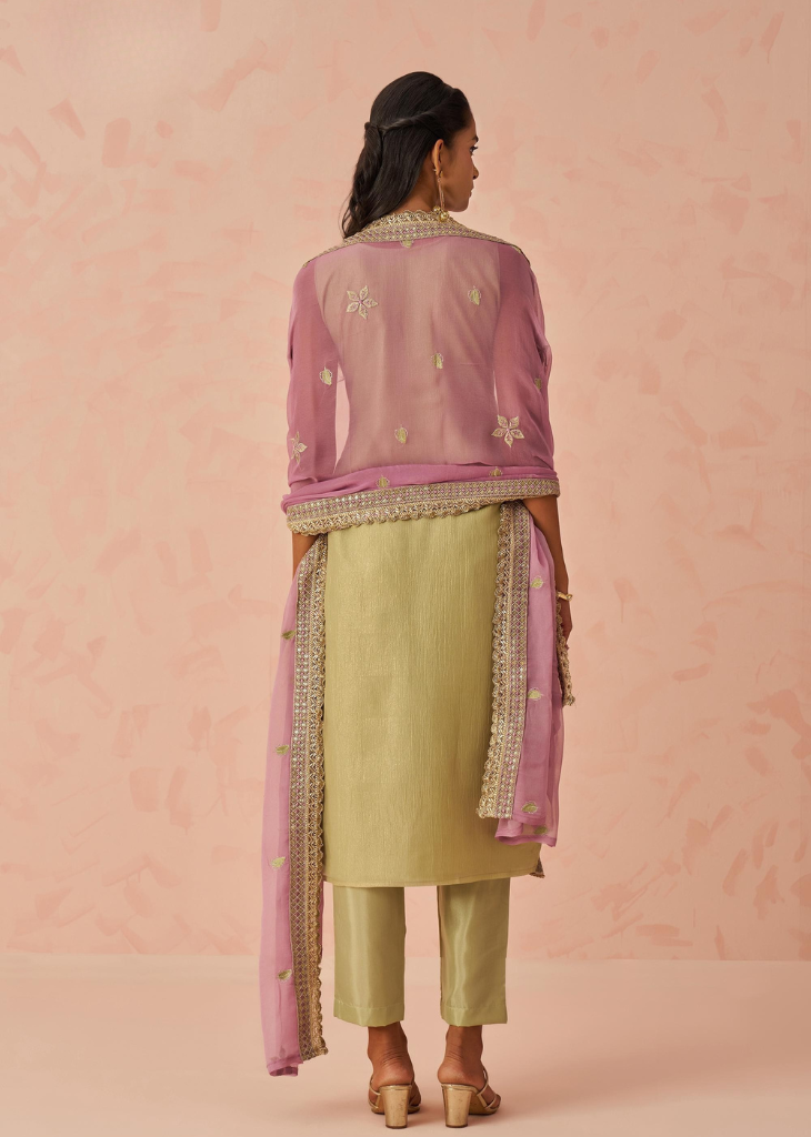 Green Embroidered Kurta Set with Lilac Chiffon Dupatta