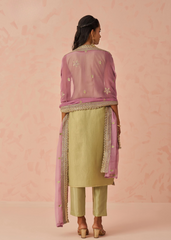 Green Embroidered Kurta Set with Lilac Chiffon Dupatta