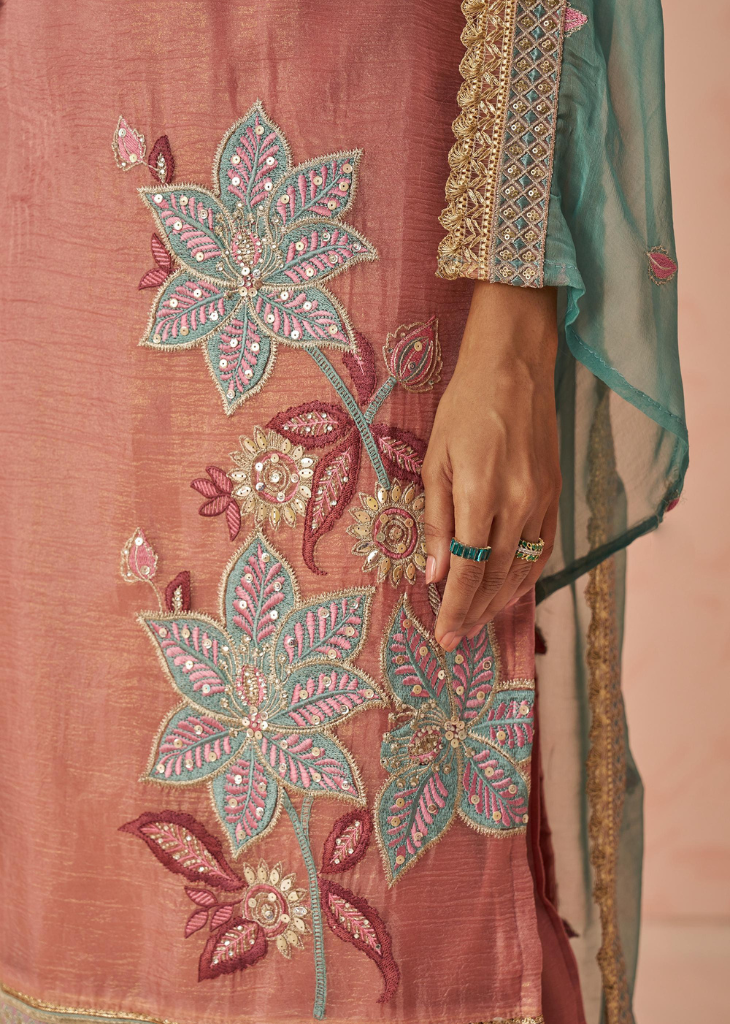 Rose Kurta with Mint Dupatta in Embroidered 3-Piece Set