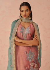 Rose Kurta with Mint Dupatta in Embroidered 3-Piece Set