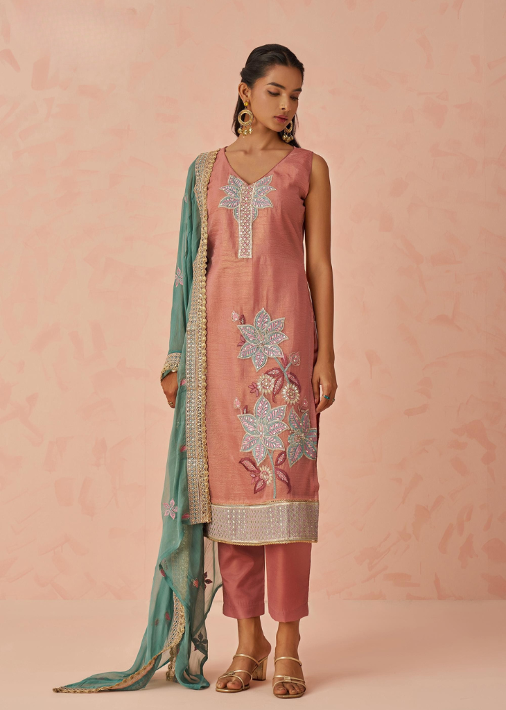 Rose Kurta with Mint Dupatta in Embroidered 3-Piece Set