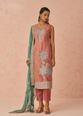 Rose Kurta with Mint Dupatta in Embroidered 3-Piece Set