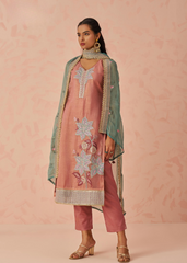 Rose Kurta with Mint Dupatta in Embroidered 3-Piece Set