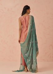 Rose Kurta with Mint Dupatta in Embroidered 3-Piece Set