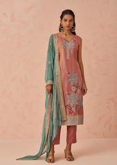 Rose Kurta with Mint Dupatta in Embroidered 3-Piece Set