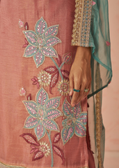 Rose Kurta with Mint Dupatta in Embroidered 3-Piece Set
