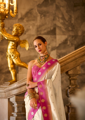 Ivory Banarasi Silk Saree with Pink Zari Border