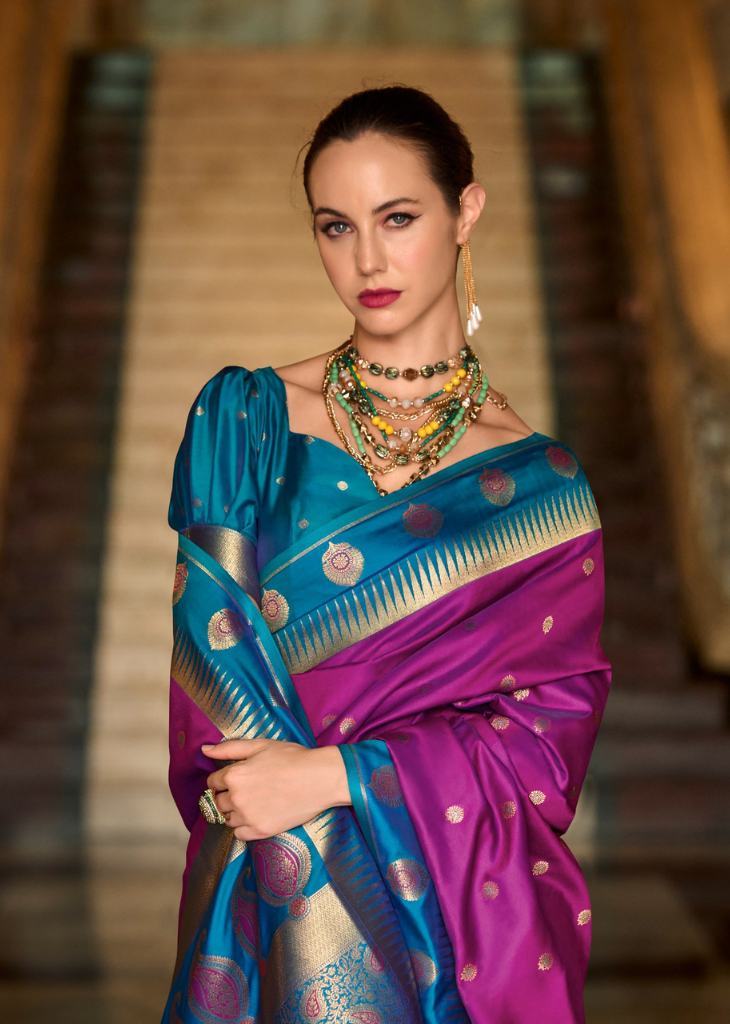 Purple Banarasi Silk Saree with Teal Zari Border