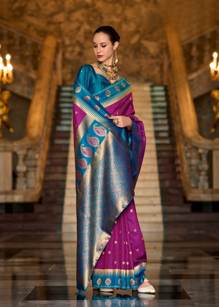 Purple Banarasi Silk Saree with Teal Zari Border
