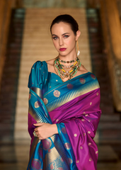 Purple Banarasi Silk Saree with Teal Zari Border