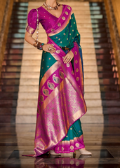 Teal & Magenta Banarasi Silk Saree with Golden Zari