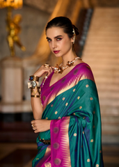 Teal & Magenta Banarasi Silk Saree with Golden Zari