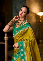 Green Banarasi Silk Saree with Golden Zari Motifs