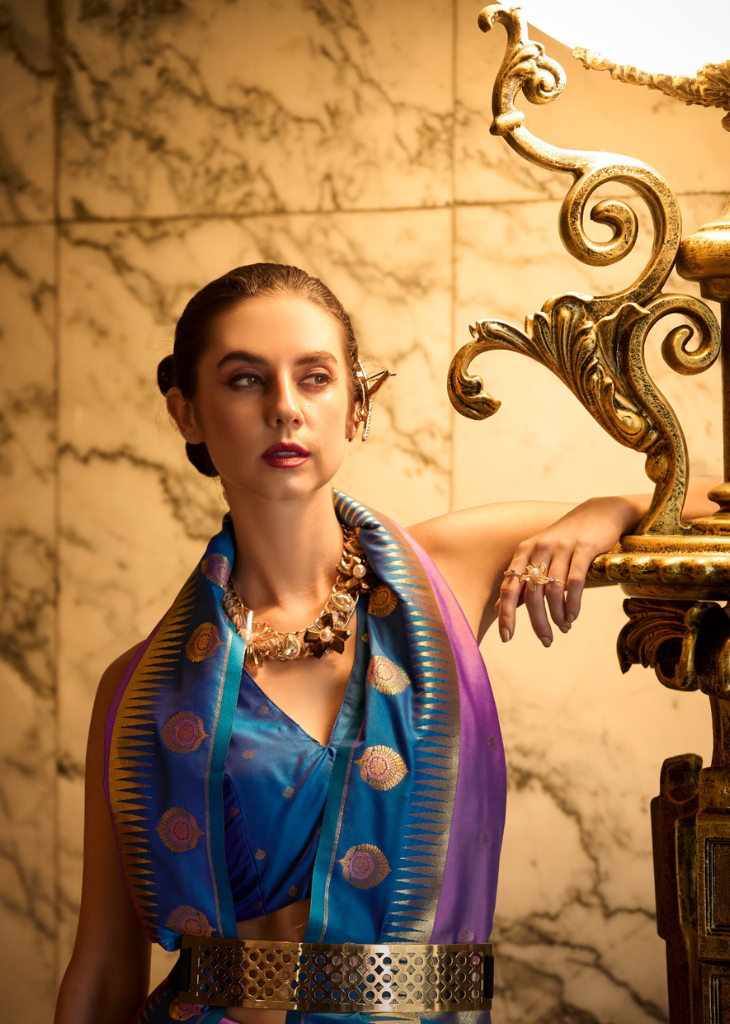Purple Banarasi Silk Saree with Blue Zari Border