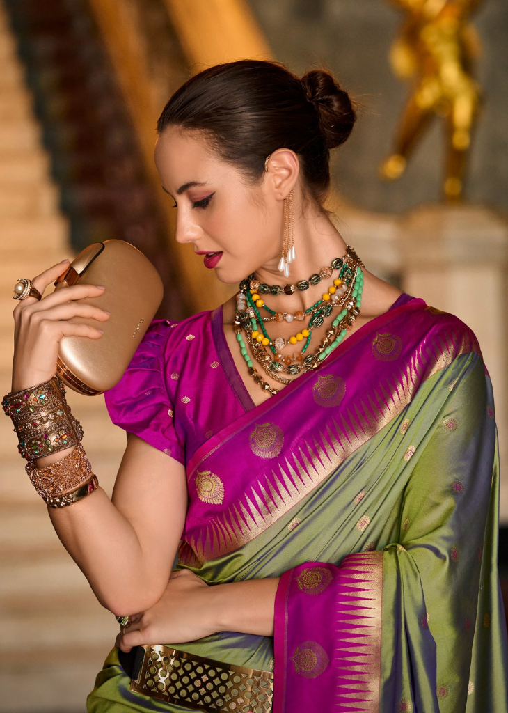 Green Banarasi Silk Saree with Magenta Zari Border