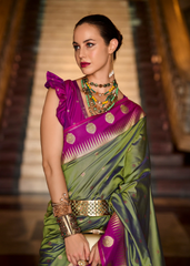Green Banarasi Silk Saree with Magenta Zari Border
