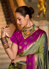 Green Banarasi Silk Saree with Magenta Zari Border