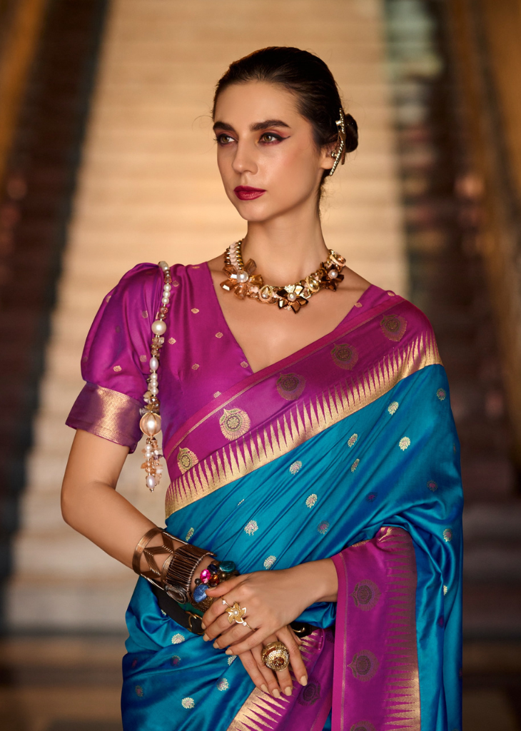 Teal Banarasi Silk Saree with Magenta Zari Border