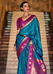 Teal Banarasi Silk Saree with Magenta Zari Border