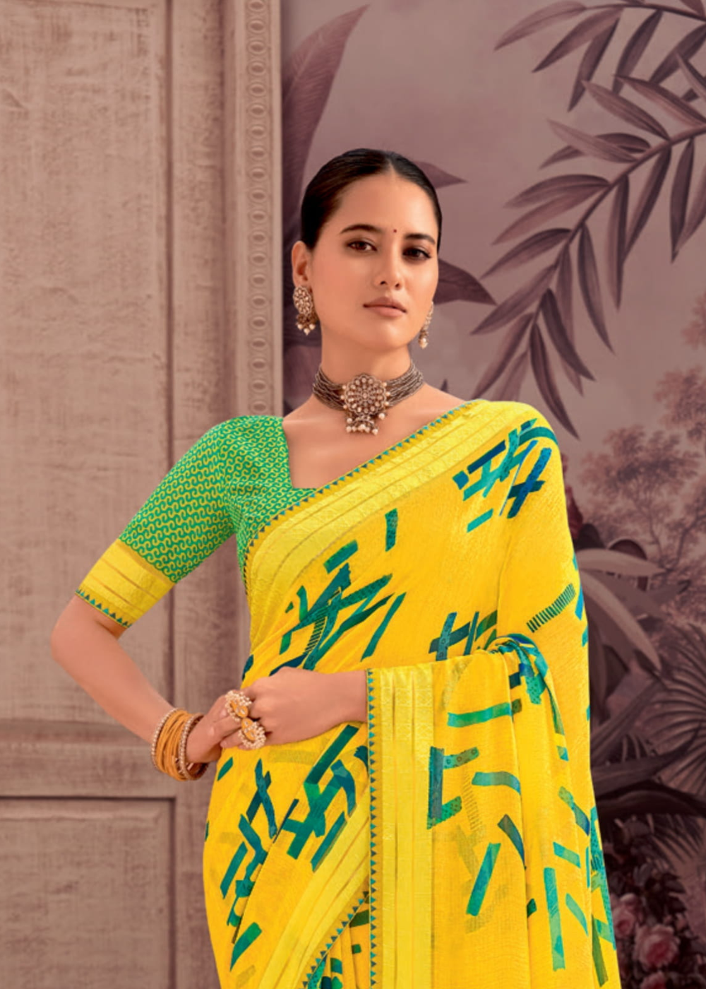Yellow Georgette Shimmer Saree with Green Abstract Print